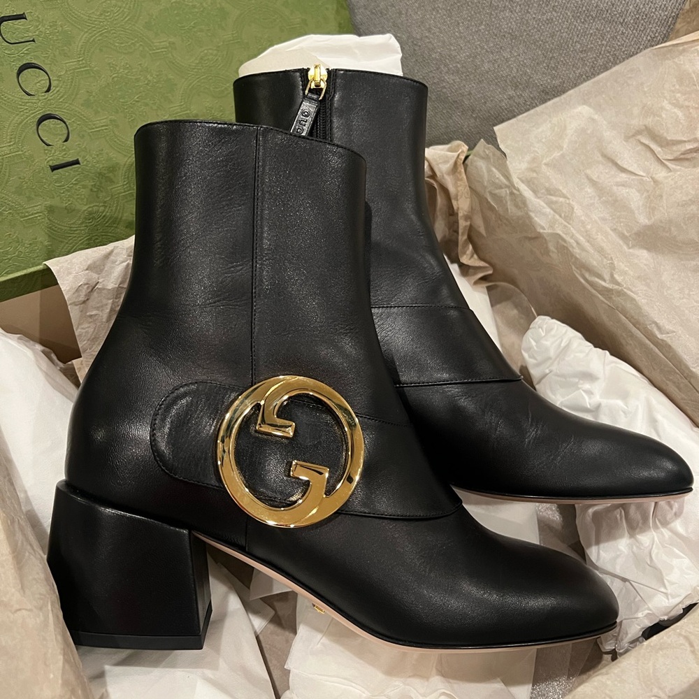 NEW Gucci Black Leather Interlocking GG blondie boots